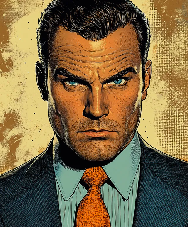 Intense man in suit with patterned orange tie, stern close-up against gritty textured backdrop