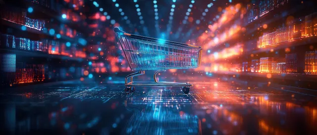 A glowing shopping cart in a neon digital marketplace with blue and orange light streaks.