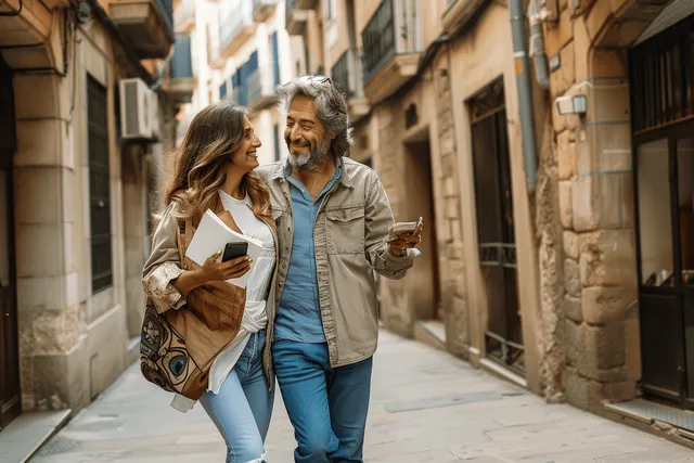 Mature couple holds hands while walking down a narrow Barcelona alley and reading a map during sightseeing.