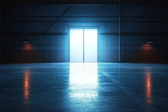 Dim warehouse interior with an open door glowing across a polished concrete floor and casting long shadows.