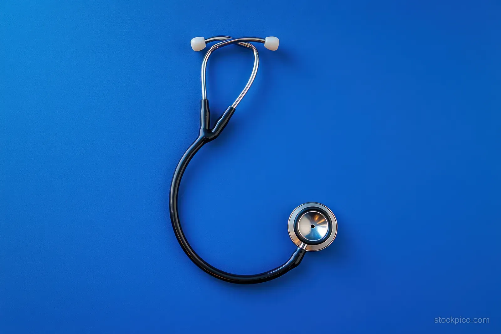 A black stethoscope with silver chest piece lies on a bright blue background for a medical health check.