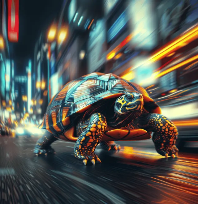 A cyberpunk turtle races through a neon night city street with a glowing futuristic shell and motion blur.
