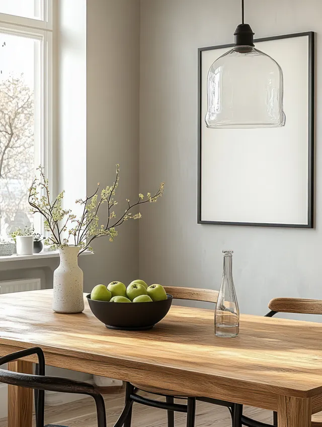Minimalist Scandinavian dining table with green apples by bright window, wooden chairs
