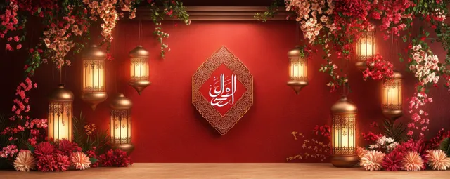 Arabic calligraphy emblem on a red background surrounded by glowing lanterns and floral decorations for Eid Mubarak.