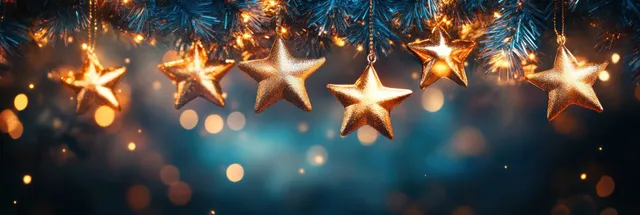 Golden star ornaments glow above blurred Christmas lights with warm bokeh circles in a dark festive backdrop.