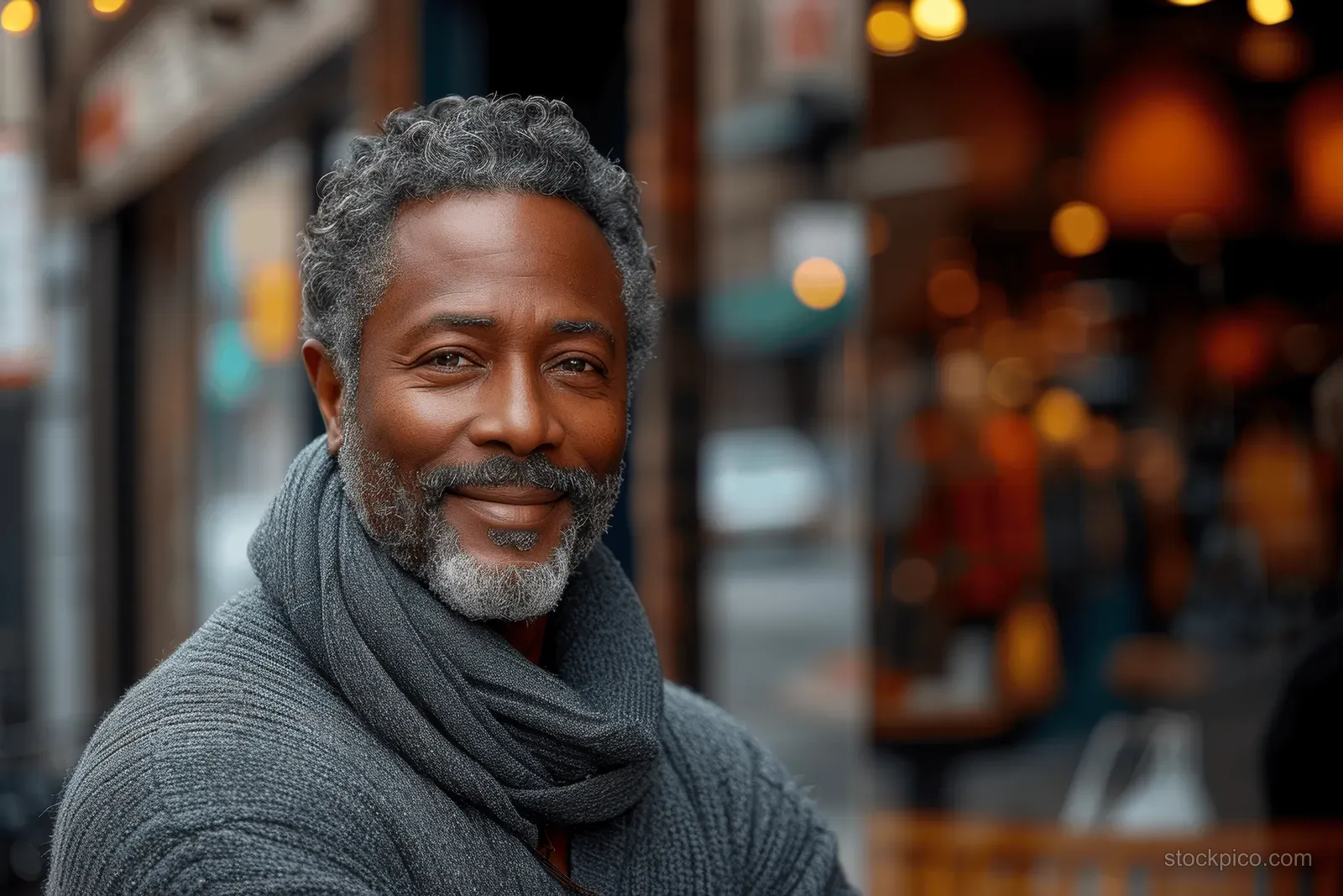 Smiling senior African American man in a grey hoodie stands on a city street with blurred storefront lights behind.