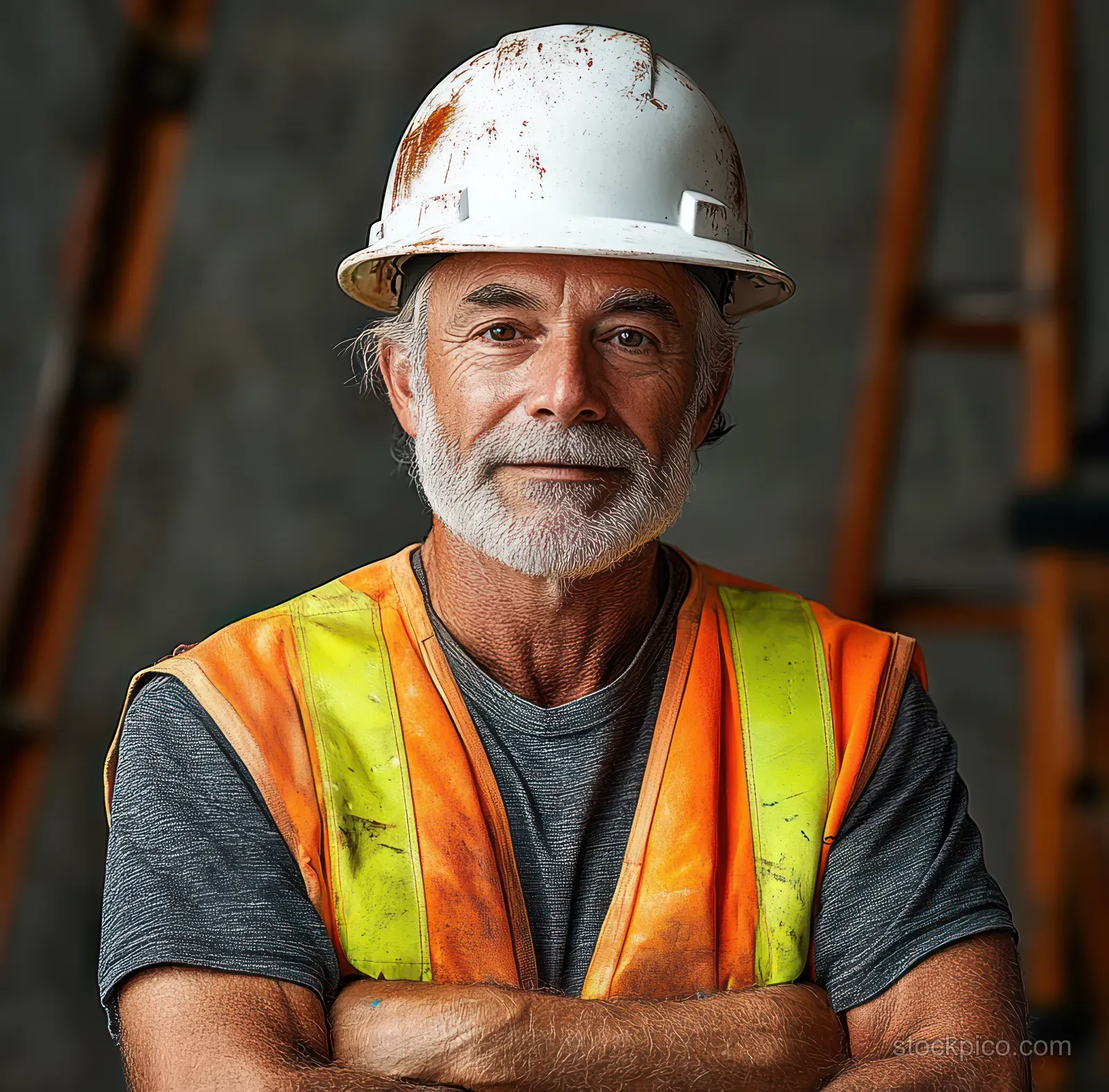 Older construction worker wearing a worn white hard hat and orange safety vest poses with arms crossed on a jobsite.