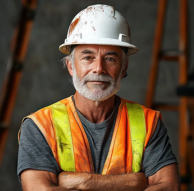 Older construction worker wearing a worn white hard hat and orange safety vest poses with arms crossed on a jobsite.