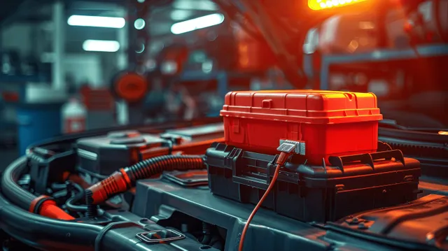 A car battery and bundled wiring are inspected in a brightly lit auto repair workshop with tools and cables nearby.