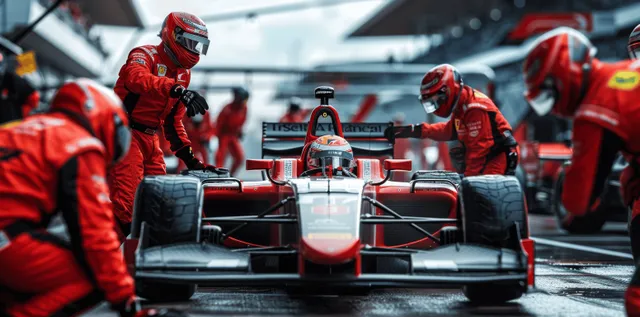 Red-uniform pit crew members service an open-wheel race car in the pit lane during daylight.