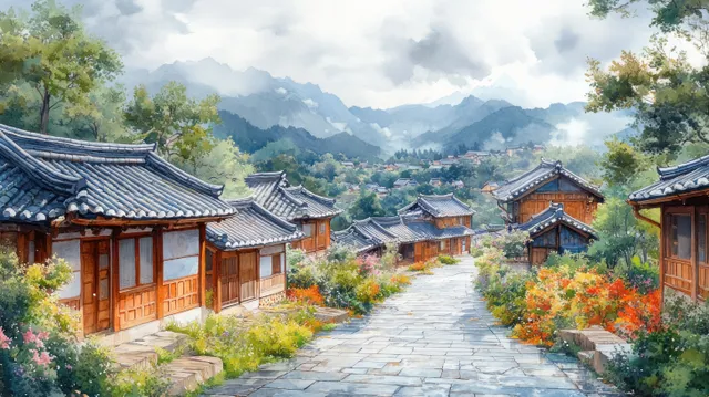 Hanok village street in Bukchon with tiled roofs, autumn trees, and distant mountains
