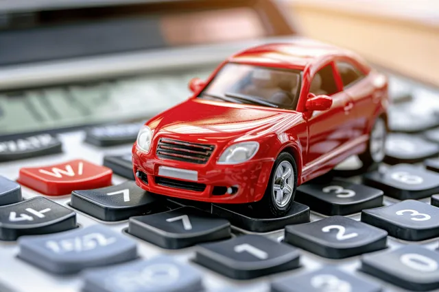 Red toy car on calculator buttons with numbers suggesting vehicle financing, interest, and insurance costs.