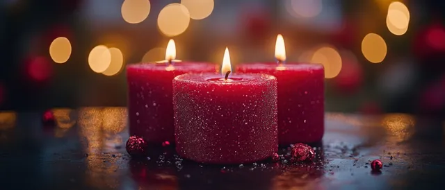 Four red Advent candles burn in a Christmas wreath with warm glowing bokeh lights in the background.