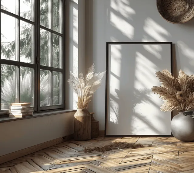 Boho living room with a black frame mockup on the wall, oak parquet floor, and sunlit large windows with pampas decor.