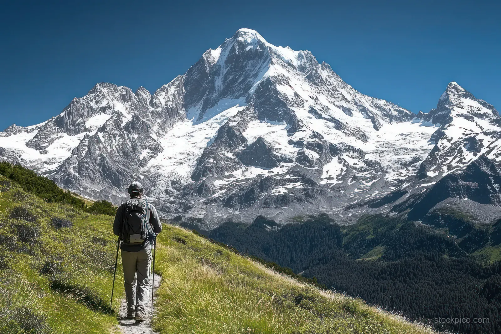 A backpacked hiker walks along a grassy mountain trail facing towering snow-covered peaks under a clear blue sky.