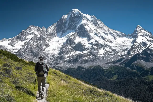A backpacked hiker walks along a grassy mountain trail facing towering snow-covered peaks under a clear blue sky.