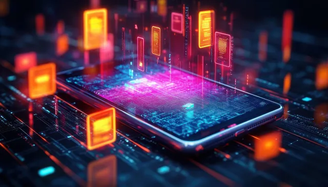 Neon server lights surround a glowing smartphone as floating document cards imply scanning and cloud file access.