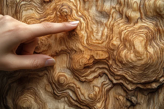 A hand points to a swirling coconut-shell mosaic pattern on a textured wall tile sample board.