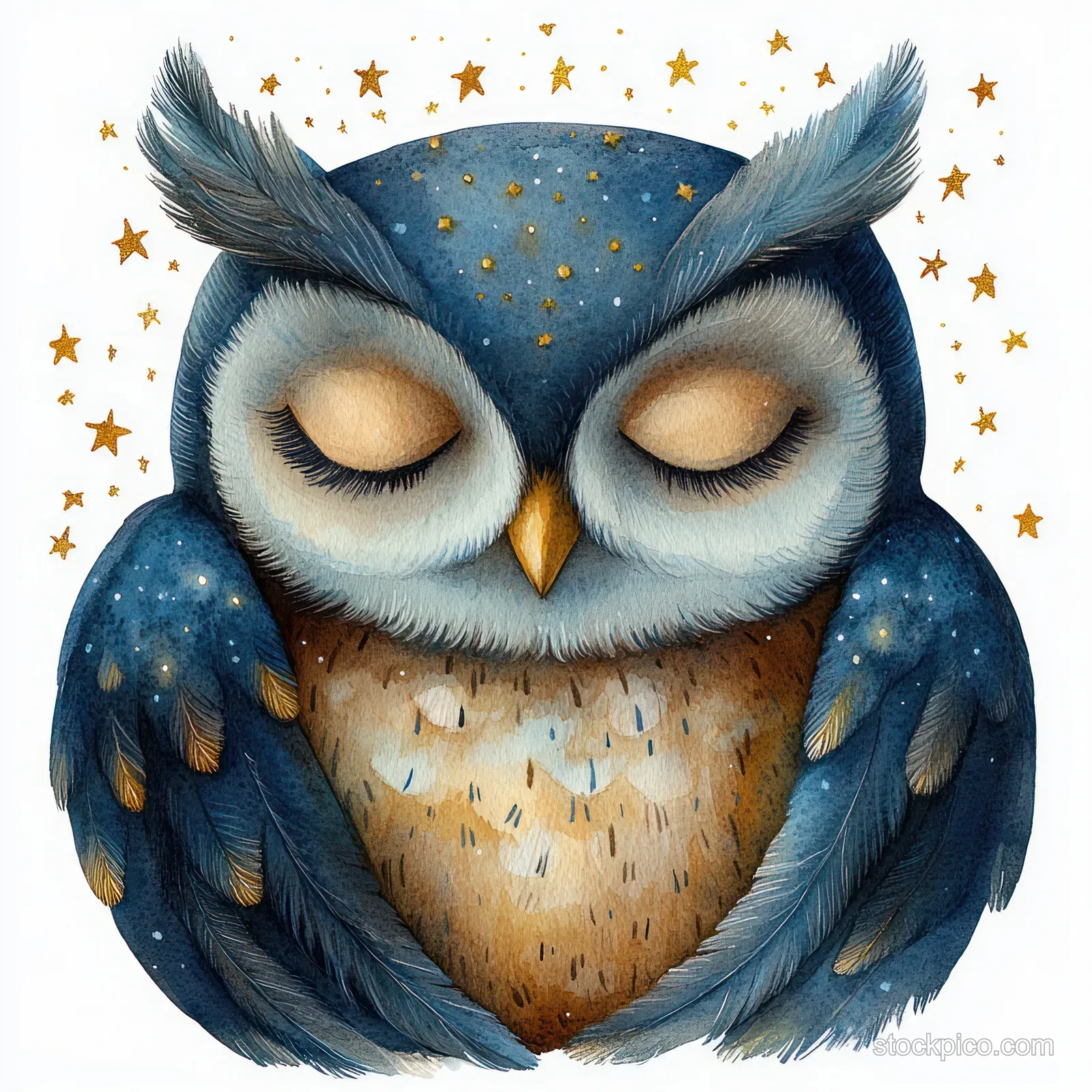 A resting owl with closed eyes surrounded by golden stars, with detailed blue and brown feathers against a dark night backdrop.