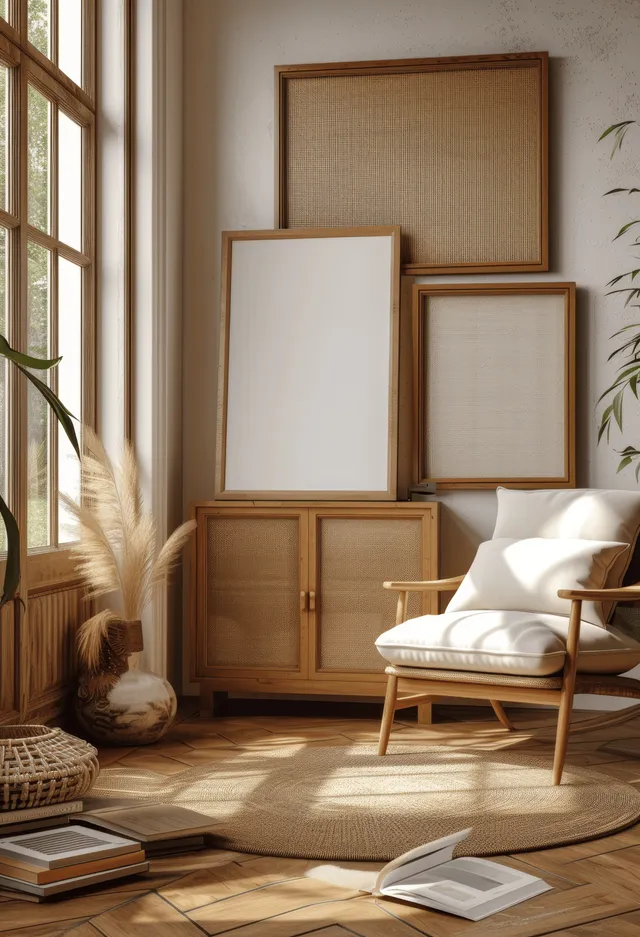 Sunlit living room with blank wooden picture frames, a wooden cabinet, and a white armchair by the window.