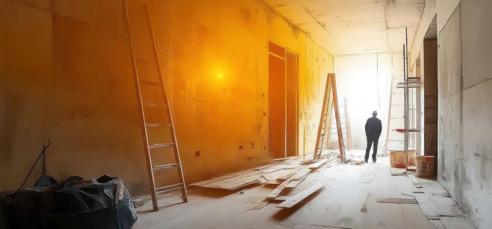 A worker stands in a sunlit apartment hallway with ladders and renovation materials near plastered walls.