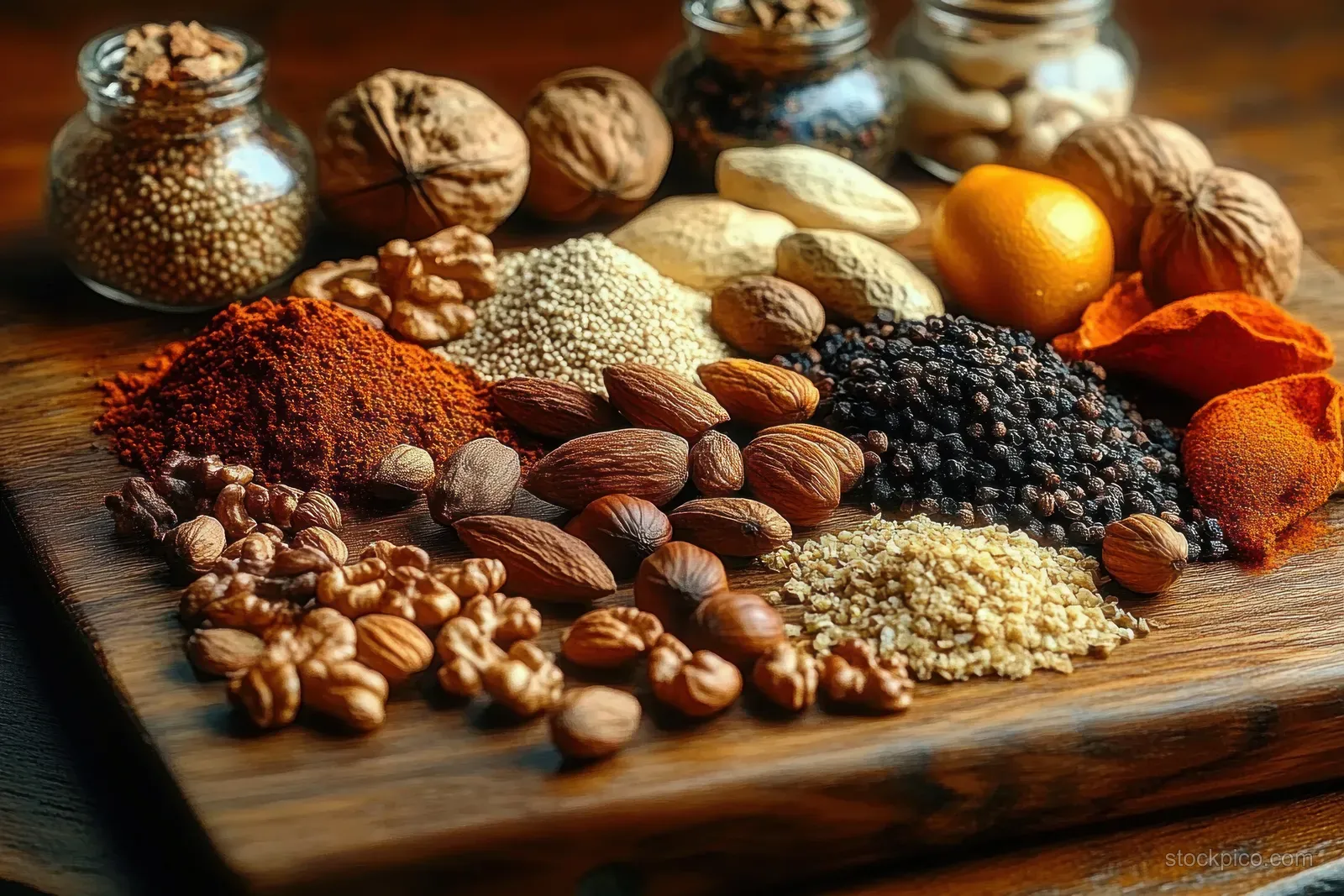 Nuts, seeds, dried fruit, and spices arranged on a rustic wooden board under warm natural light.