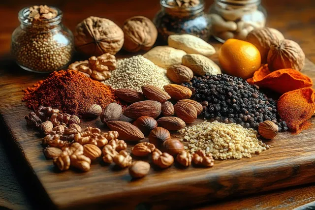 Nuts, seeds, dried fruit, and spices arranged on a rustic wooden board under warm natural light.