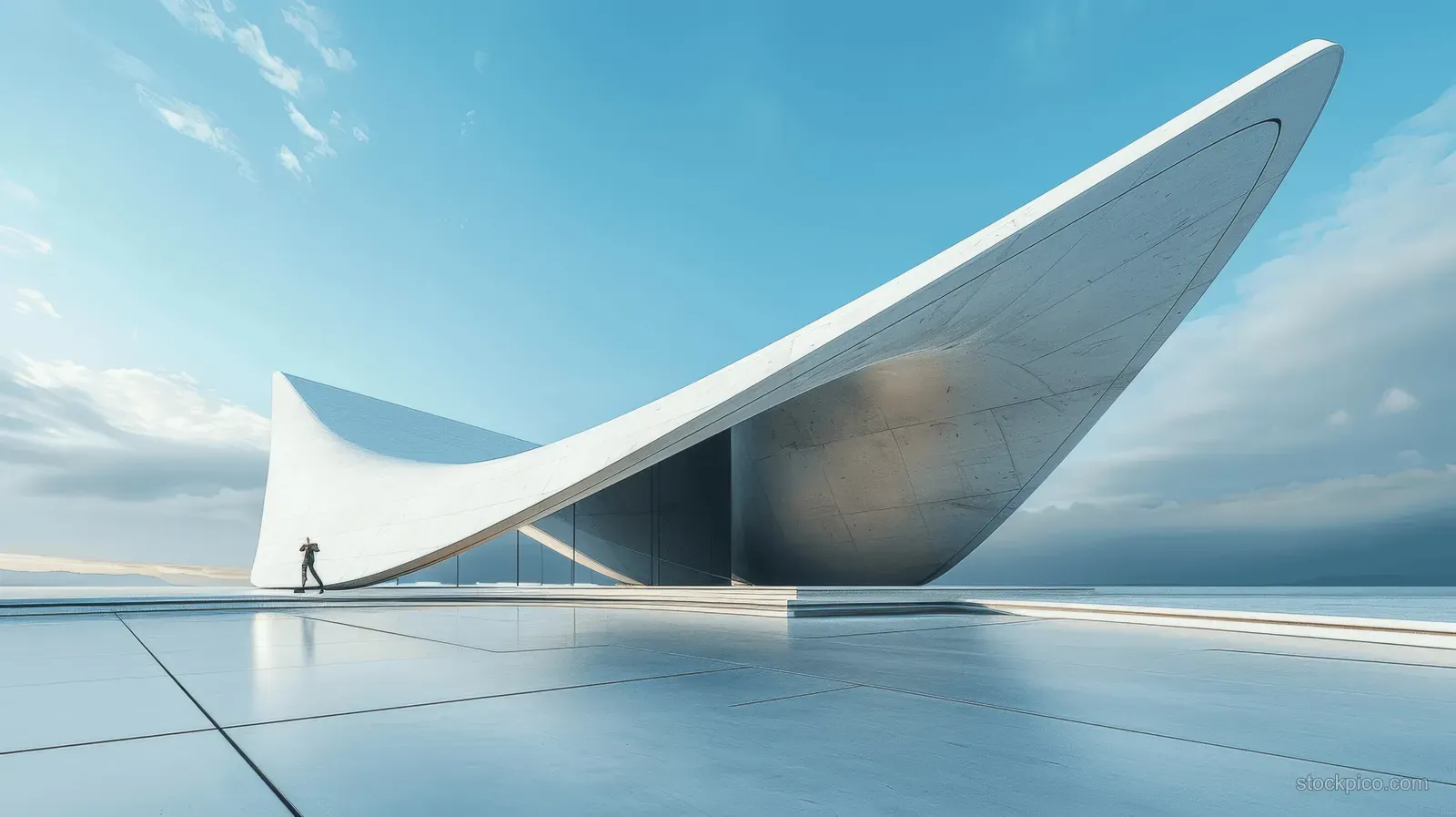 Futuristic angular pavilion and reflective concrete floor with a clear blue sky background.
