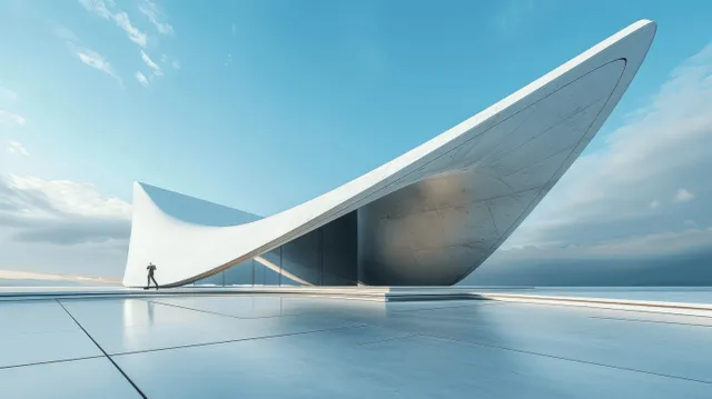 Futuristic angular pavilion and reflective concrete floor with a clear blue sky background.
