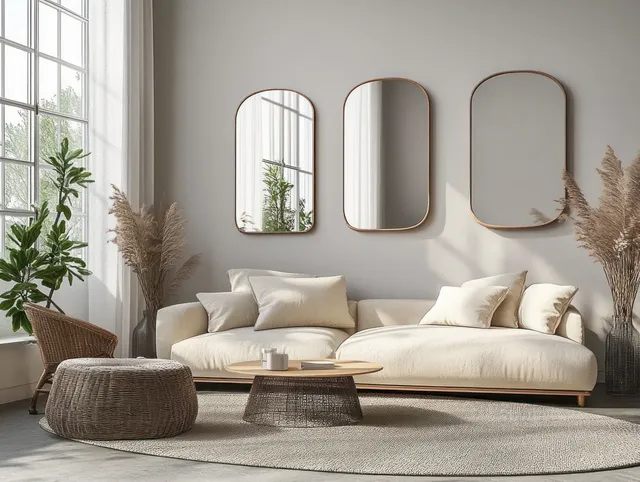 Beige sofa sits in a minimalist living room beneath arched mirrors, with daylight streaming through a large window.