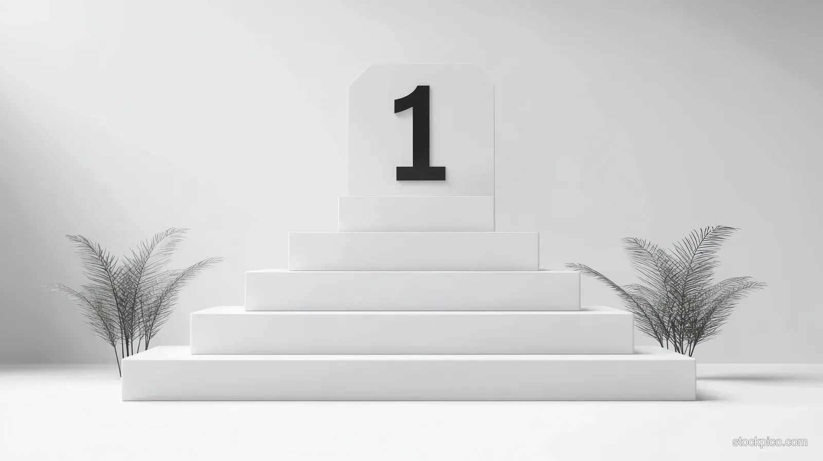 Minimal white winners podium with the number one on the top step, flanked by green potted plants on a bright backdrop.