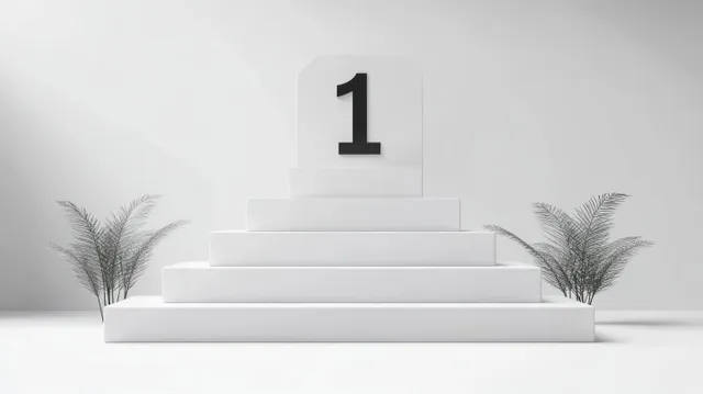 Minimal white winners podium with number one on top step beside potted plants