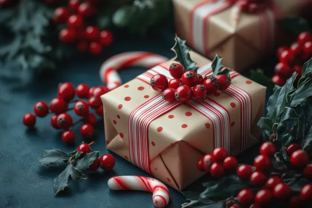 Wrapped holiday gifts sit beside candy canes and red berries on a blue tabletop with soft festive lighting.