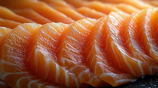 Fresh salmon slices overlapping in a close-up orange textured pattern
