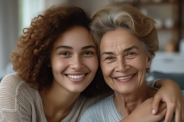 Mother and adult daughter share a warm hug on a living room couch