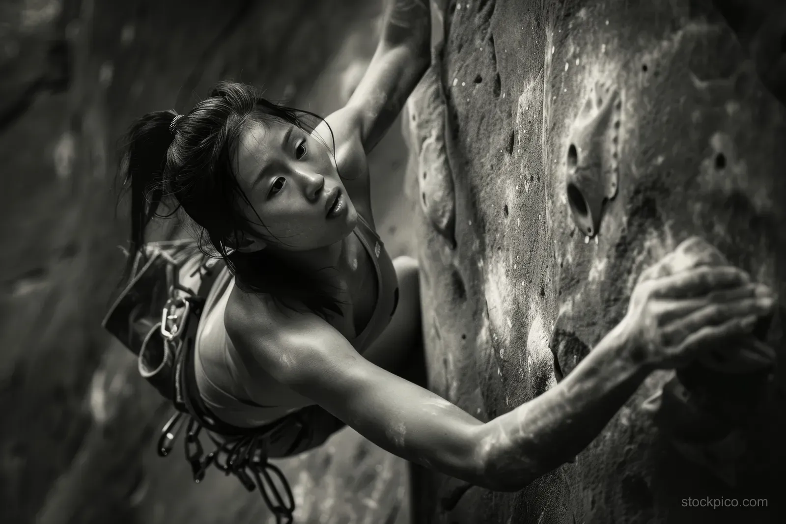 Black and white photo of a Japanese woman bouldering on a textured rock wall.
