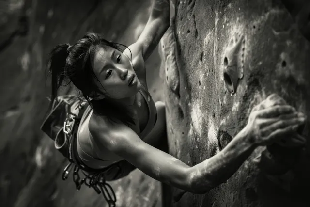 Determined Japanese Climber Reaches Across a Rugged Bouldering Wall
