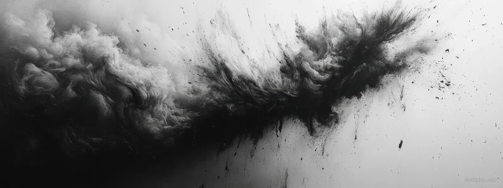 Black smoke bursts from the center of a white background with surrounding dust particles and splatter.