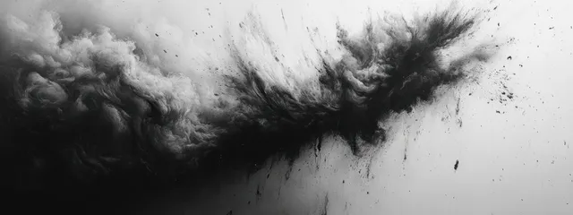 Black smoke bursts from the center of a white background with surrounding dust particles and splatter.