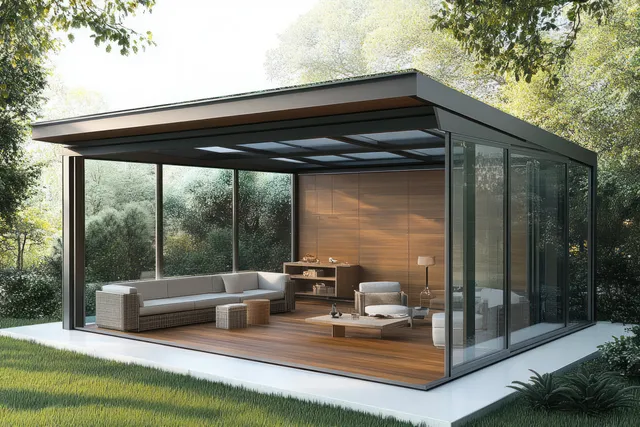 Glass-walled pavilion with steel frame and wooden deck shows outdoor seating in a bright winter garden.