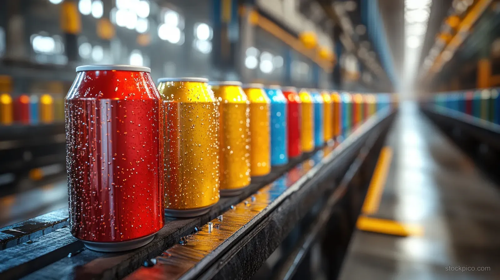 Colorful aluminum soda cans sit on a conveyor belt inside a beverage factory with blurred lights behind them.