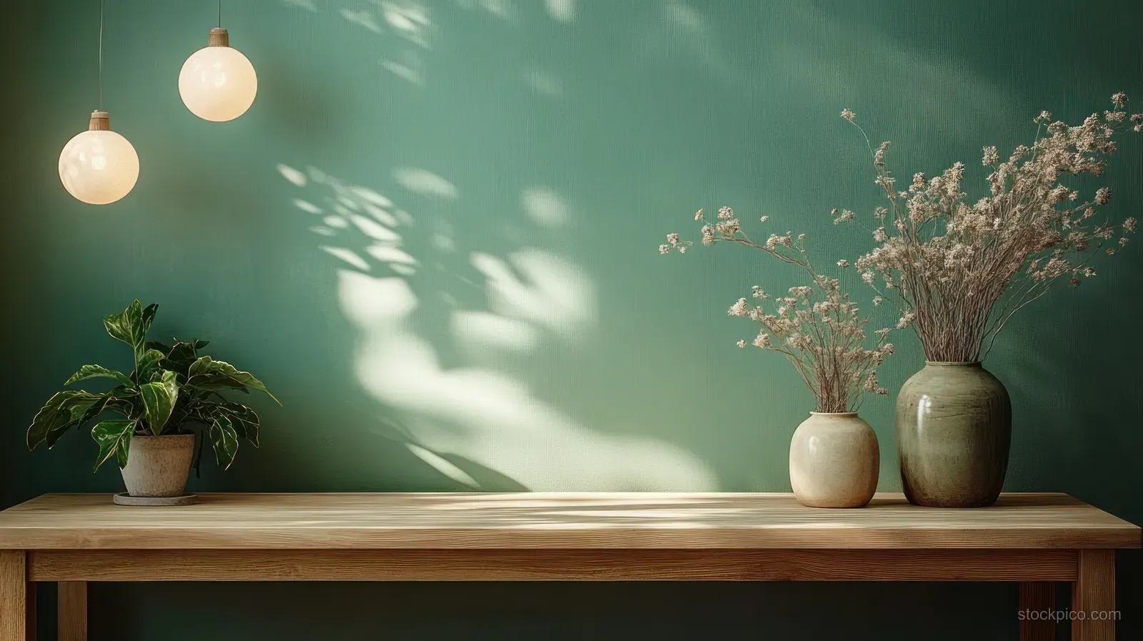 Wooden kitchen counter in a Scandinavian interior with green wall, vases, plants, and sunlit leaf shadows.
