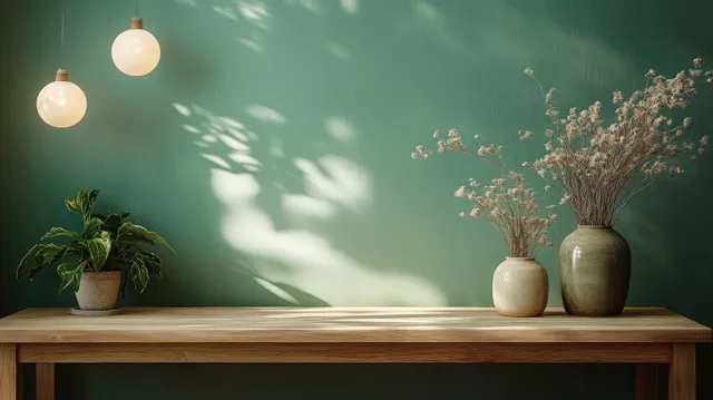 Wooden kitchen counter in a Scandinavian interior with green wall, vases, plants, and sunlit leaf shadows.