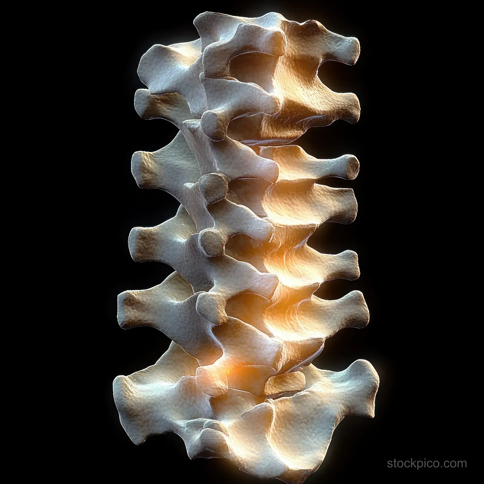 3D anatomical spine model with vertebrae and posterior longitudinal ligament isolated on a black background.