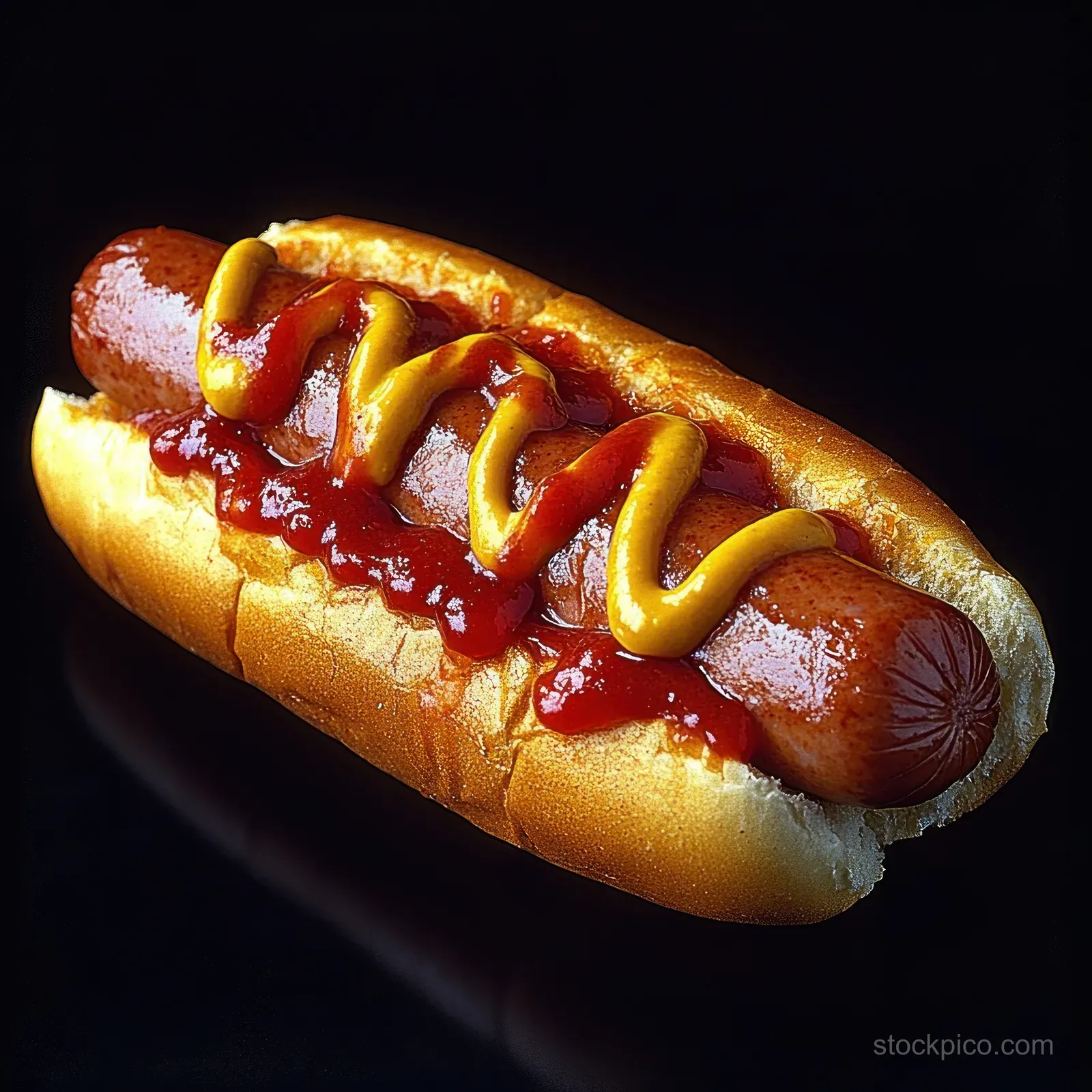 Hot dog in a soft bun with red ketchup and yellow mustard on a dark background.
