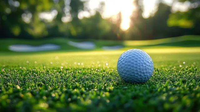 A close-up of a golf ball on lush green grass with a sunny golf course and sand features softly blurred in the background.