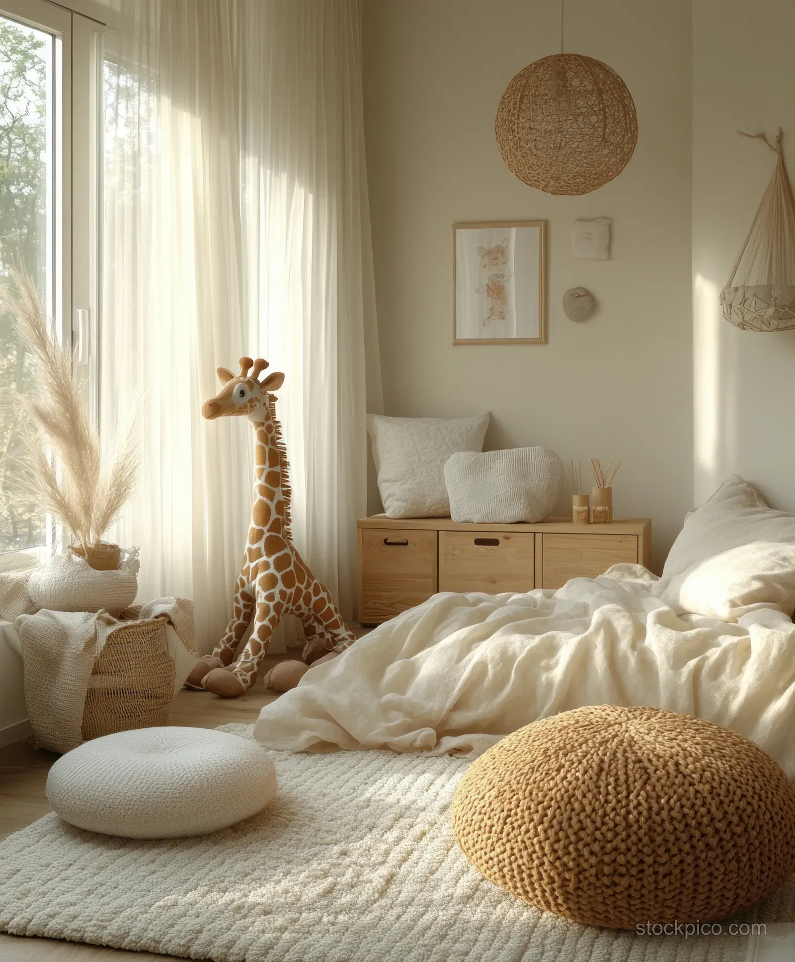 Scandinavian children’s bedroom with crib, stuffed giraffe, and soft sunlight streaming through sheer curtains.