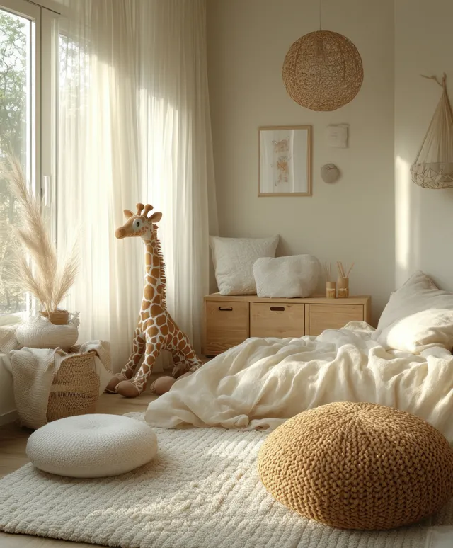 Scandinavian children’s bedroom with crib, stuffed giraffe, and soft sunlight streaming through sheer curtains.