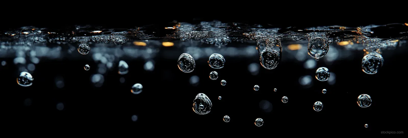Air bubbles rising through dark water, forming small spheres with sparkling reflections and subtle surface ripples.