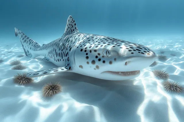 Leopard shark resting on sandy seabed under soft underwater light, Andaman Sea